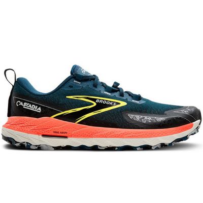 Brooks Cascadia 18 Dark Teal Coral Red Yellow White Black