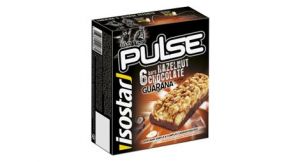 Envase de 6 barritas energeticas isostar pulse guarana avellana chocolate 6x23g