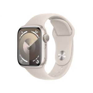 Apple Watch Series 9 [GPS] Smartwatch con Caja de Aluminio en Blanco Estrella de 41 mm y Correa Deportiva Blanco Estrella - Talla S/M. Monitor de entreno